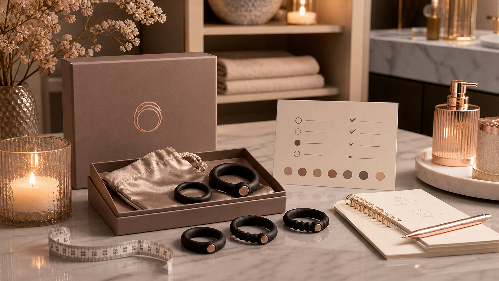 Adjustable Cock Ring Guide: Fit and Safety Adjustable silicone ring flat lay with measuring tape and discreet care card