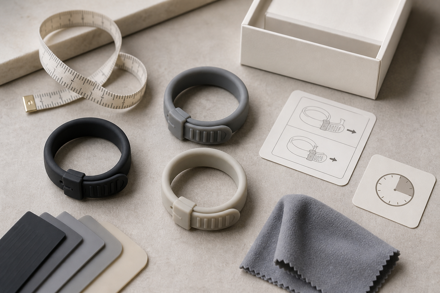 Adjustable Cock Ring Sizing Guide Adjustable cock ring sizing guide with flexible ring samples, soft measuring tape, release-tab diagram, timer card, material swatches, and discreet packaging on a neutral tabletop
