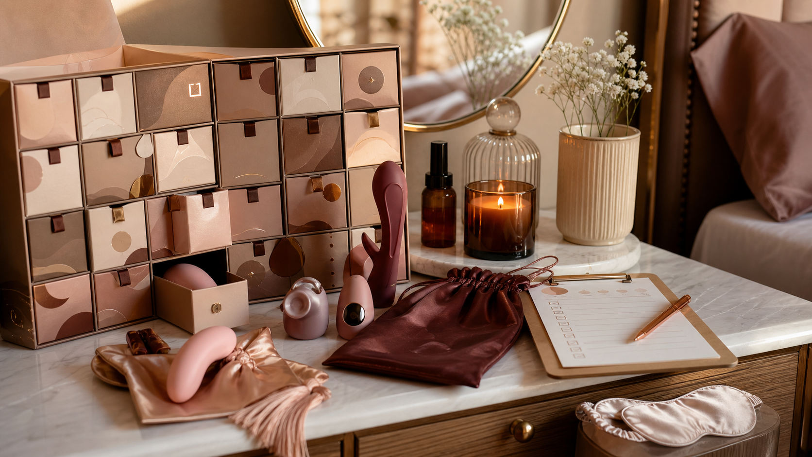 Adult Toy Advent Calendar: Consent-First Guide Adult toy advent calendar buyer checklist with discreet gift box, sealed wellness pouches, consent note card, material checklist, and private shipping parcel