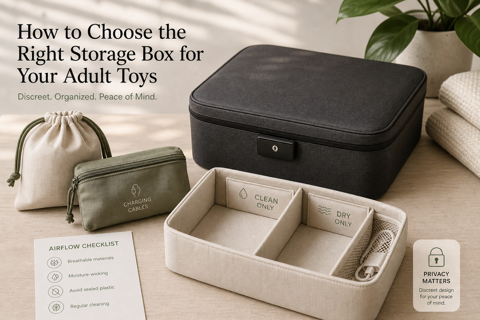 Adult toy box privacy and care checklist with fabric pouches, labeled clean/dry compartments, charging cable pocket, airflow card, and lock icon on a neutral tabletop