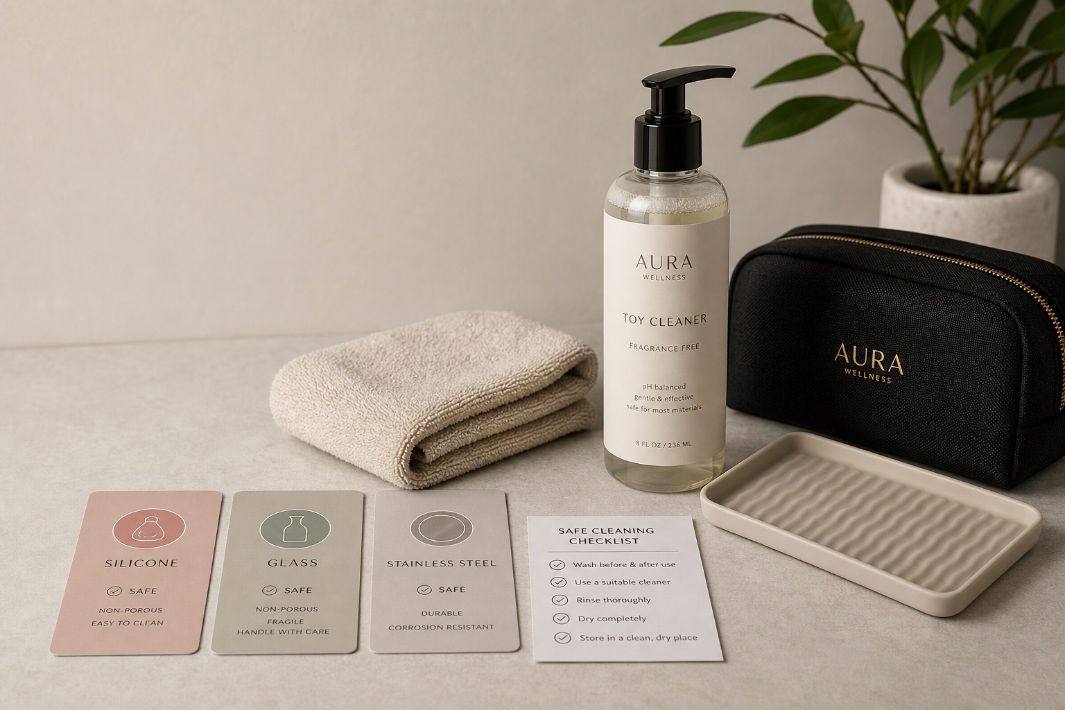 Intimate Product Cleaner Guide Intimate Product Cleaner safety guide with a labeled cleaner bottle, soft cloth, drying tray, material compatibility cards, storage pouch, and discreet checklist on a clean counter