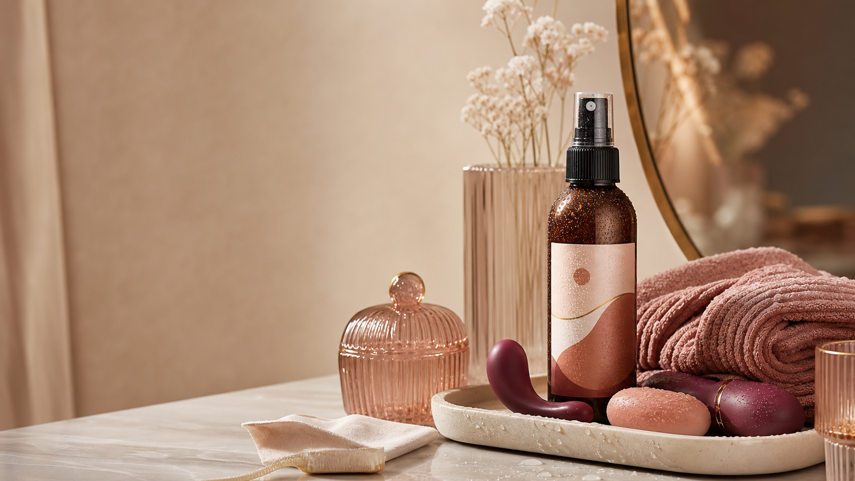 Tasteful adult toy cleaner spray flat-lay with a soft towel, sealed wellness device silhouette, water droplets, and material care card