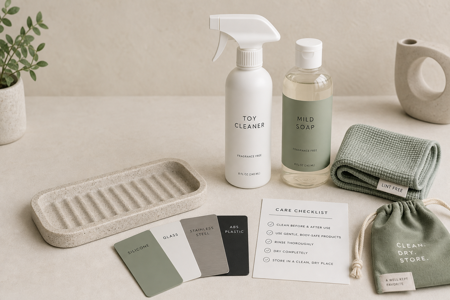 Adult Toy Cleaner vs Soap: What to Check Discreet adult toy cleaning comparison checklist with mild soap, toy cleaner spray, lint-free cloth, material cards, and storage pouch on a neutral tabletop