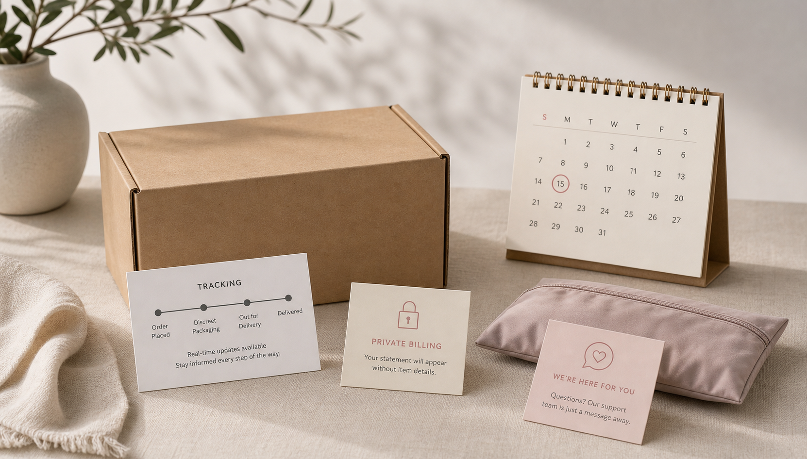 Adult Toy Delivery: Privacy & Timing Guide Discreet adult toy delivery privacy checklist with plain shipping box, tracking card, private billing icon, calendar, support note, and sealed pouch