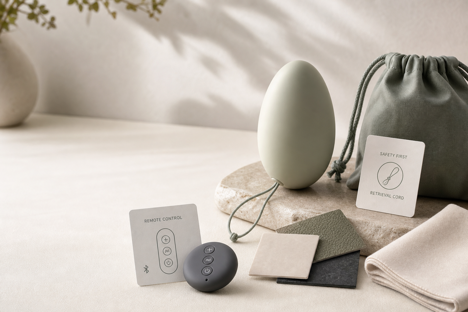 Insertable Egg Toy Guide: Fit & Retrieval Discreet insertable egg toy buying checklist with abstract egg shape, retrieval cord icon, remote control card, material swatches, cleaning cloth, and storage pouch