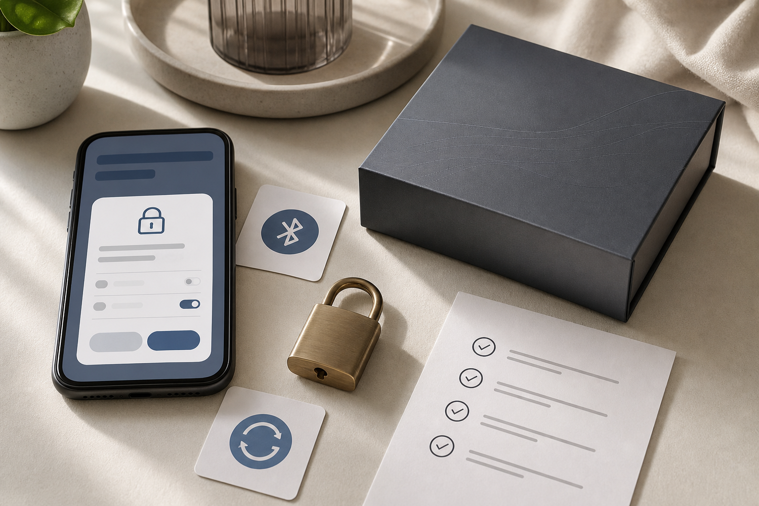 Adult Toy Malware Privacy Checklist Connected adult toy malware privacy checklist with a phone permission screen, Bluetooth symbol card, privacy lock, update icon, and discreet product box on a neutral desk