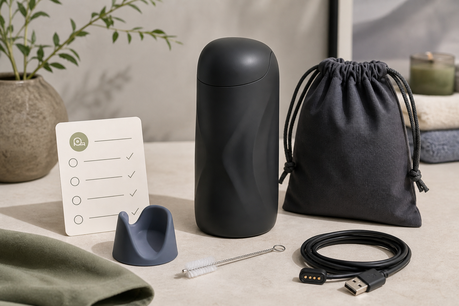 Discreet automatic male masturbator guide with abstract sleeve-style product case, measuring checklist, cleaning brush, drying stand, charging cable, and privacy pouch
