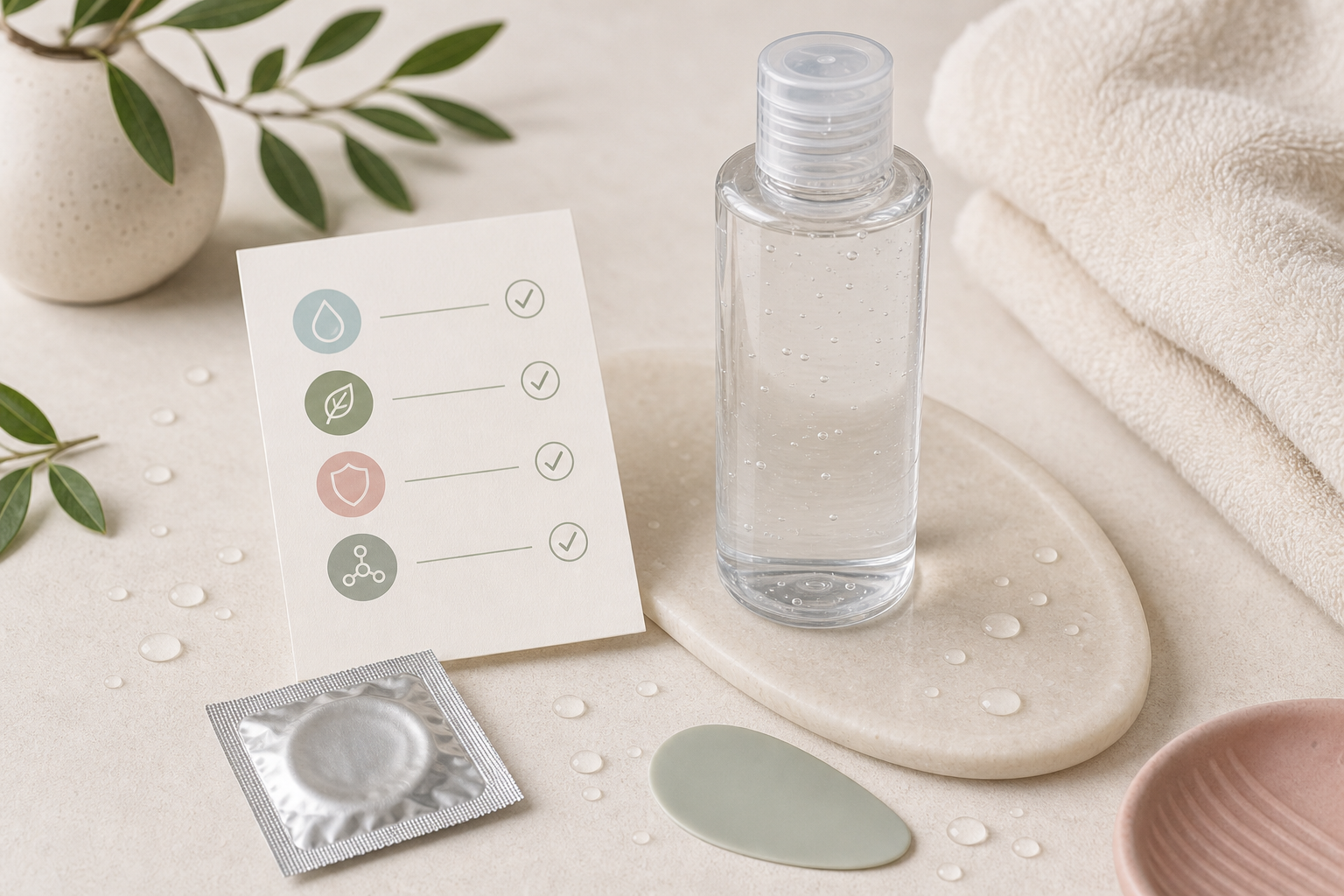 Best water-based lube checklist with clear lubricant bottle, ingredient label card, condom compatibility packet, toy-safe note, and soft water droplets on a clean neutral surface