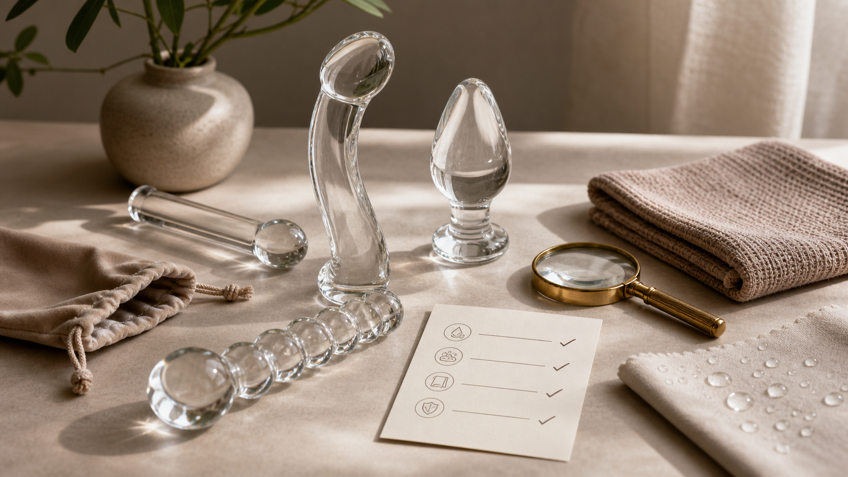 Body-Safe Glass Adult Toys: Care Guide Discreet body-safe glass adult toy care checklist with clear glass material sample, inspection card, soft towel, water-based lubricant bottle, padded storage pouch, and plain box
