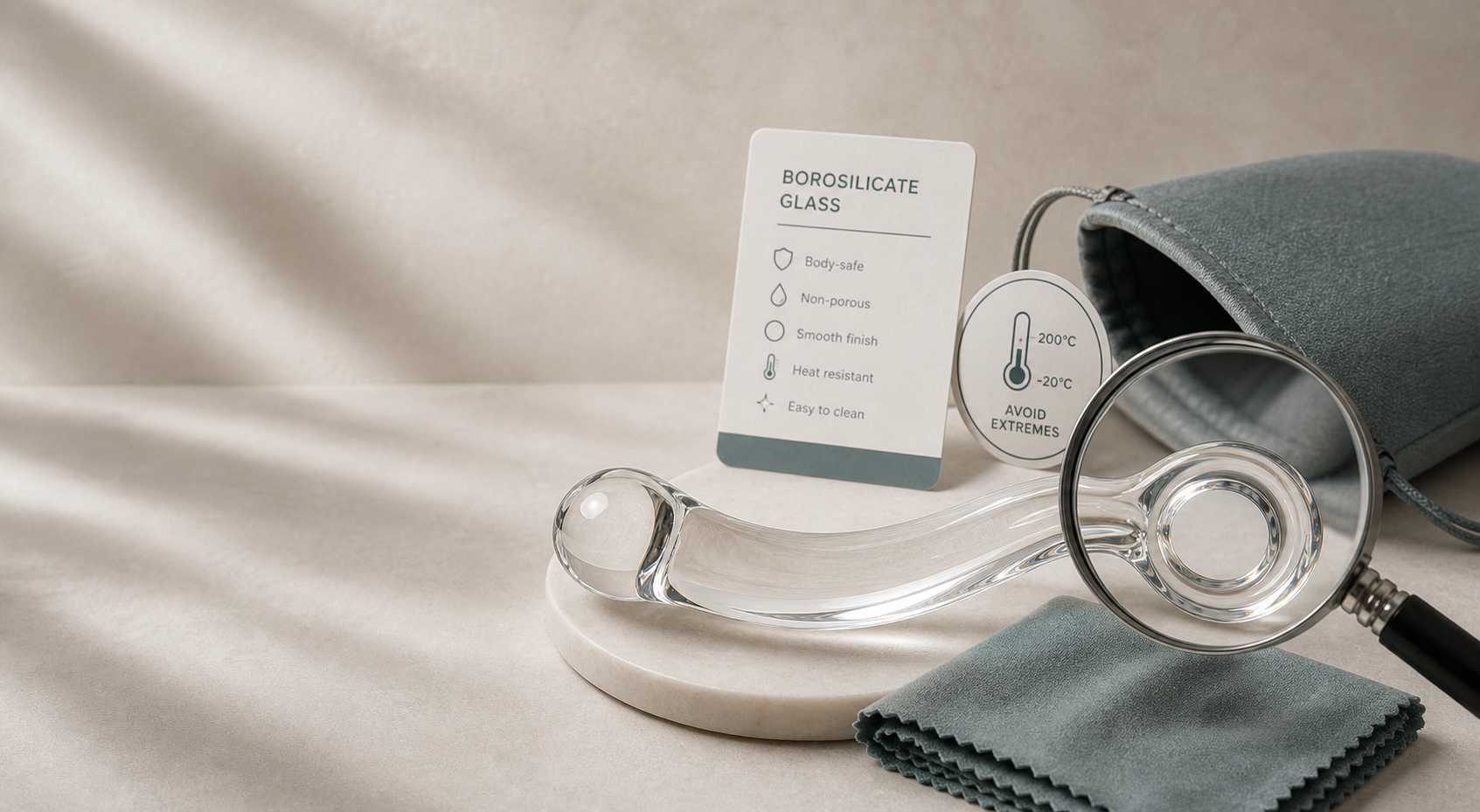 Discreet glass adult wellness material checklist with abstract translucent glass form, magnifier, smooth finish card, cleaning cloth, temperature caution icon, and padded pouch