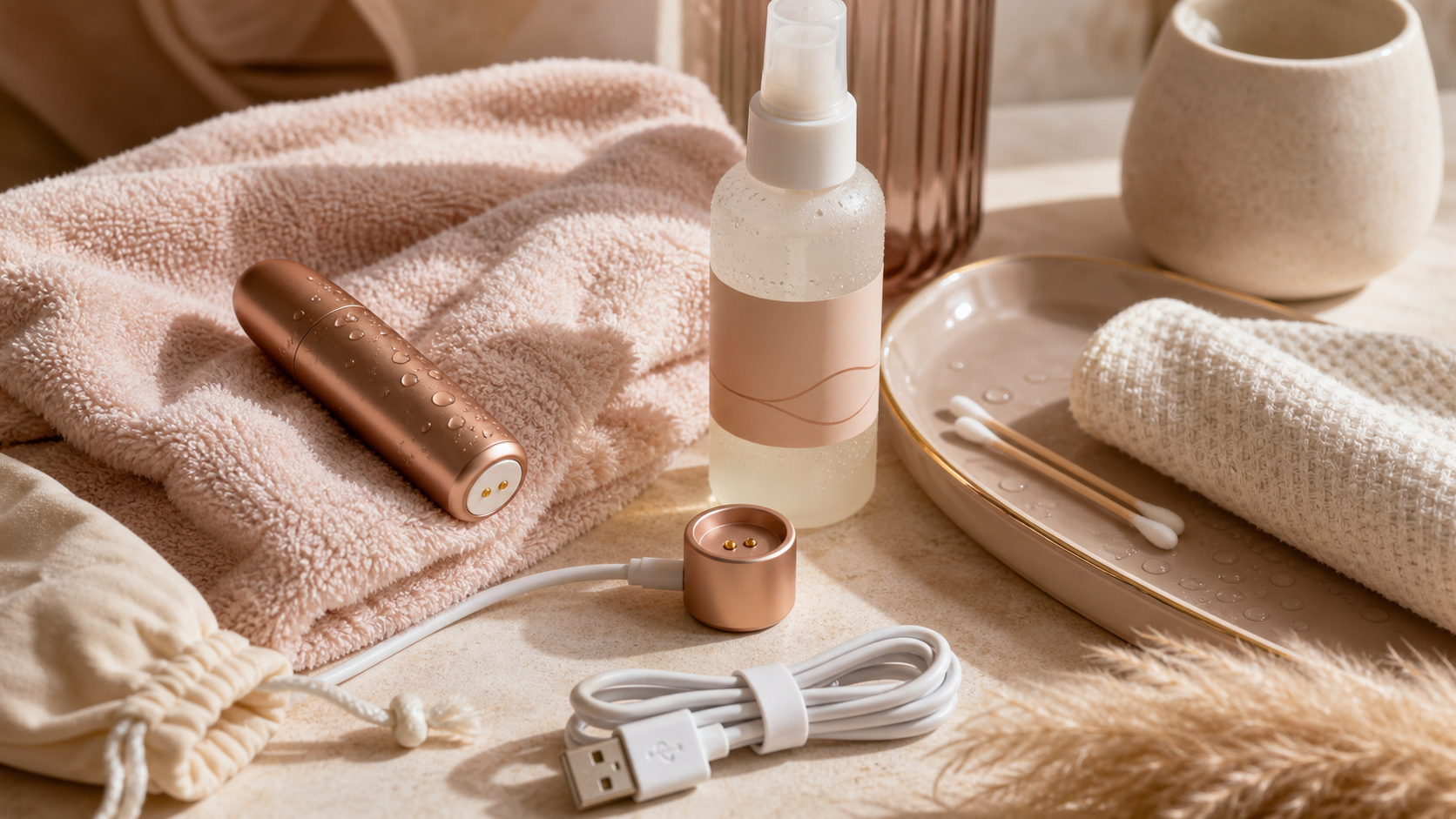 Bullet Vibrator Charger: Battery Care Guide Bullet vibrator charger checklist with compact bullet-style wellness device silhouette, magnetic charging cable, battery indicator card, dry towel, storage pouch, and discreet packaging