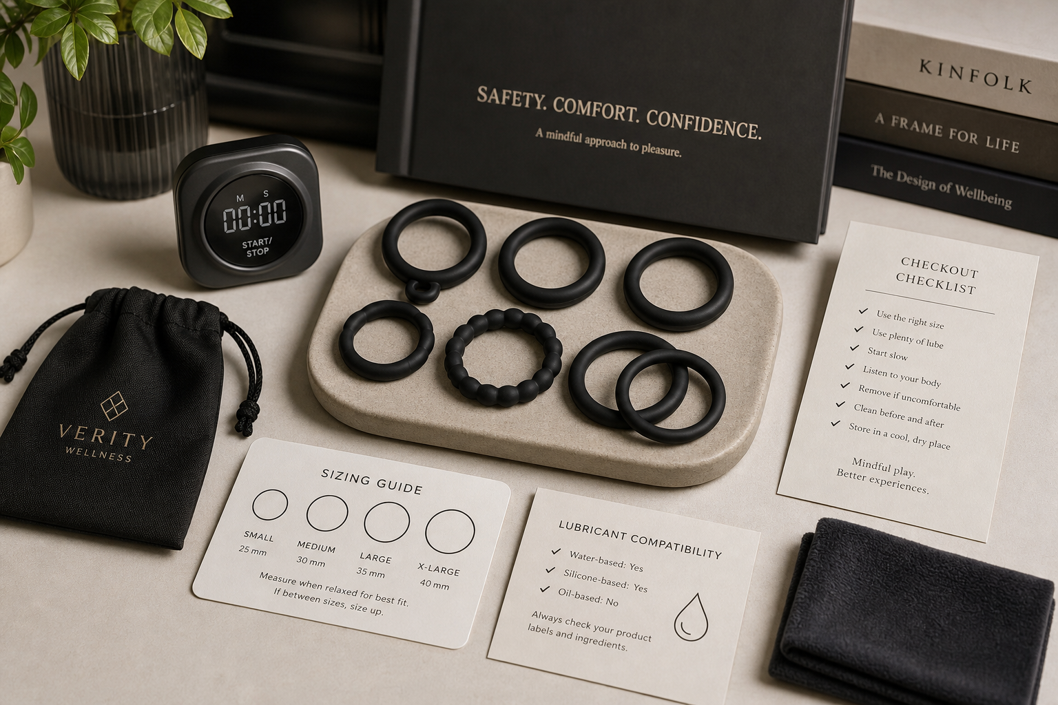 Cock and Ball Ring Safety Guide Cock and ball ring safety guide with flexible ring samples, sizing card, timer, lubricant compatibility note, cleaning cloth, and discreet checkout checklist on a neutral product desk