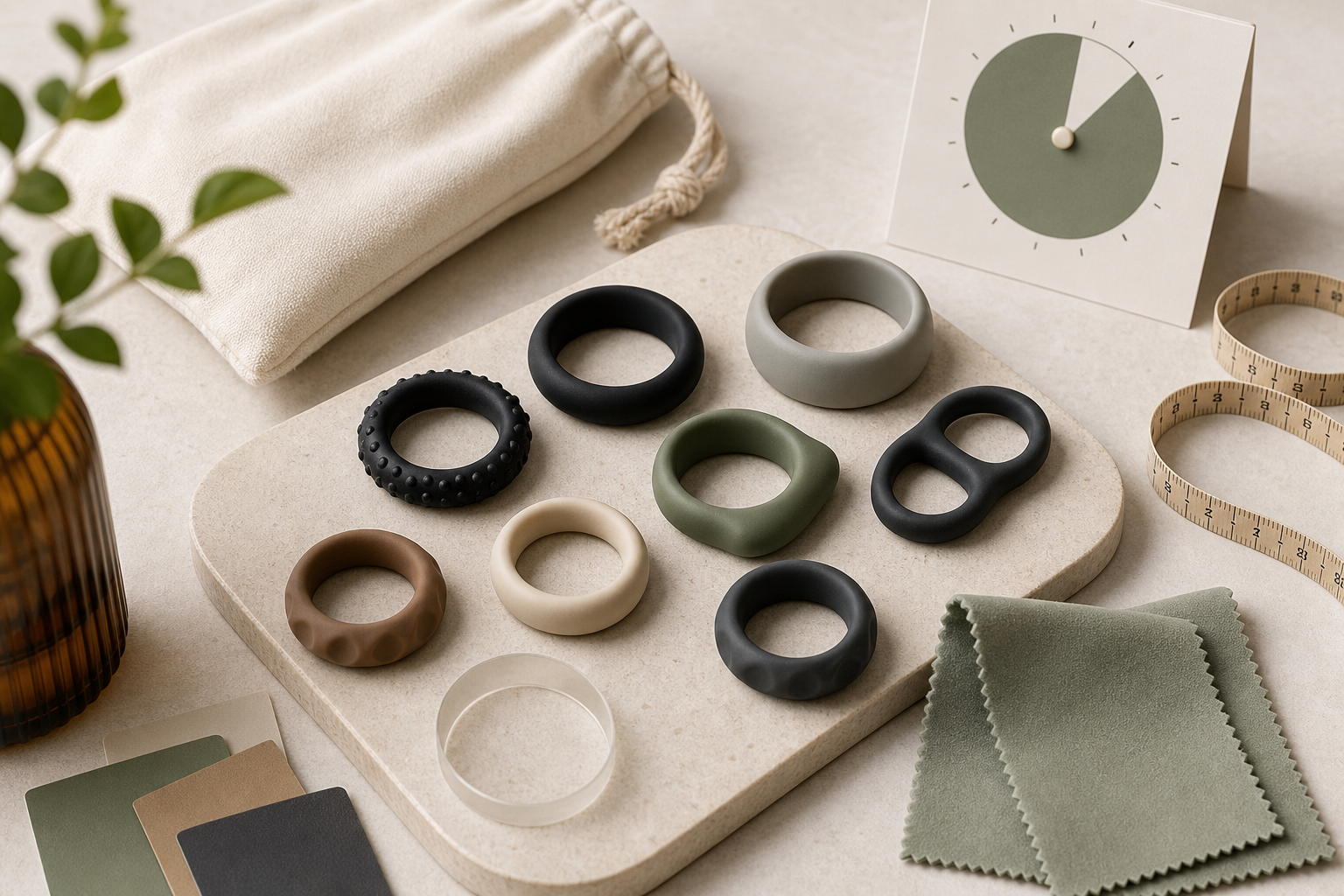 Cock ring fit and time limit shopping guide with flexible ring samples, soft measuring tape, timer card, material swatches, and cleaning cloth on a discreet neutral tabletop