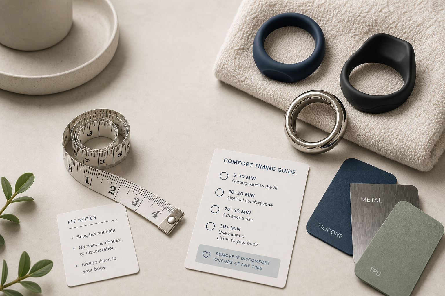 How Tight Should a Cock Ring Be? Discreet cock ring tightness comfort guide checklist with abstract ring shapes, flexible measuring tape, material swatches, timing card, and fit notes on a neutral tabletop
