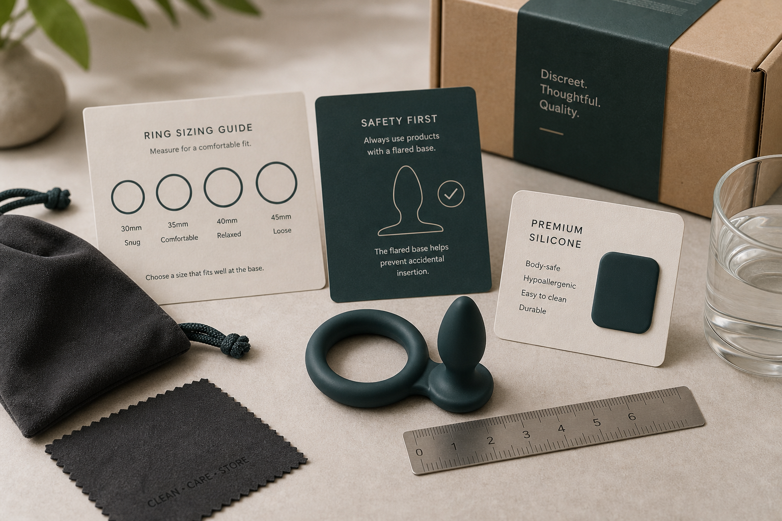 Cock Ring With Plug: Fit Safety Guide Discreet combo accessory safety checklist with ring sizing card, flared base diagram card, silicone material swatch, cleaner cloth, and plain storage pouch