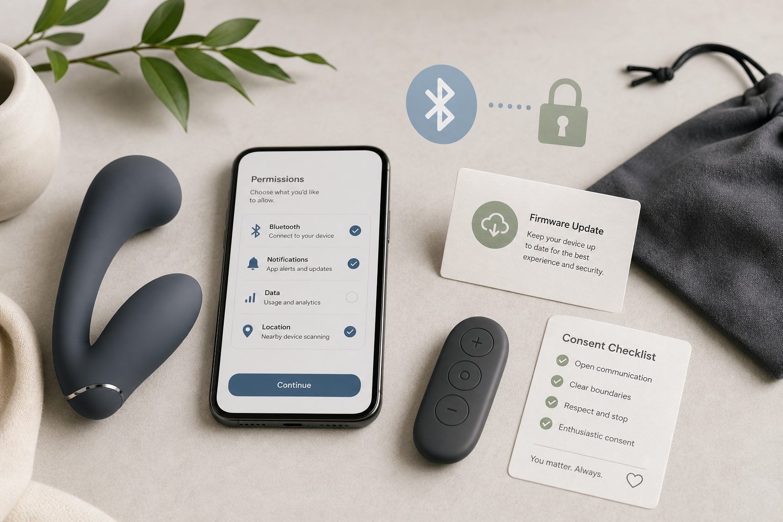 Discreet connected adult wellness privacy checklist with phone permission cards, Bluetooth icon, lock symbol, plain remote, update note, and storage pouch