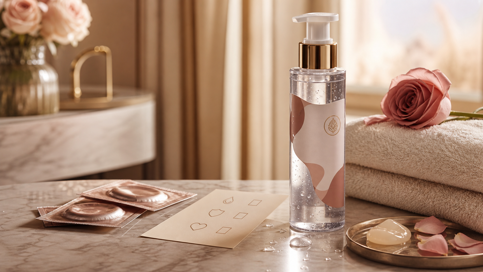 Creamy Water-Based Lube: Texture and Label Guide Creamy water-based lubricant bottle with texture swatch card, sealed condom packet, toy material samples, soft towel, and discreet packaging