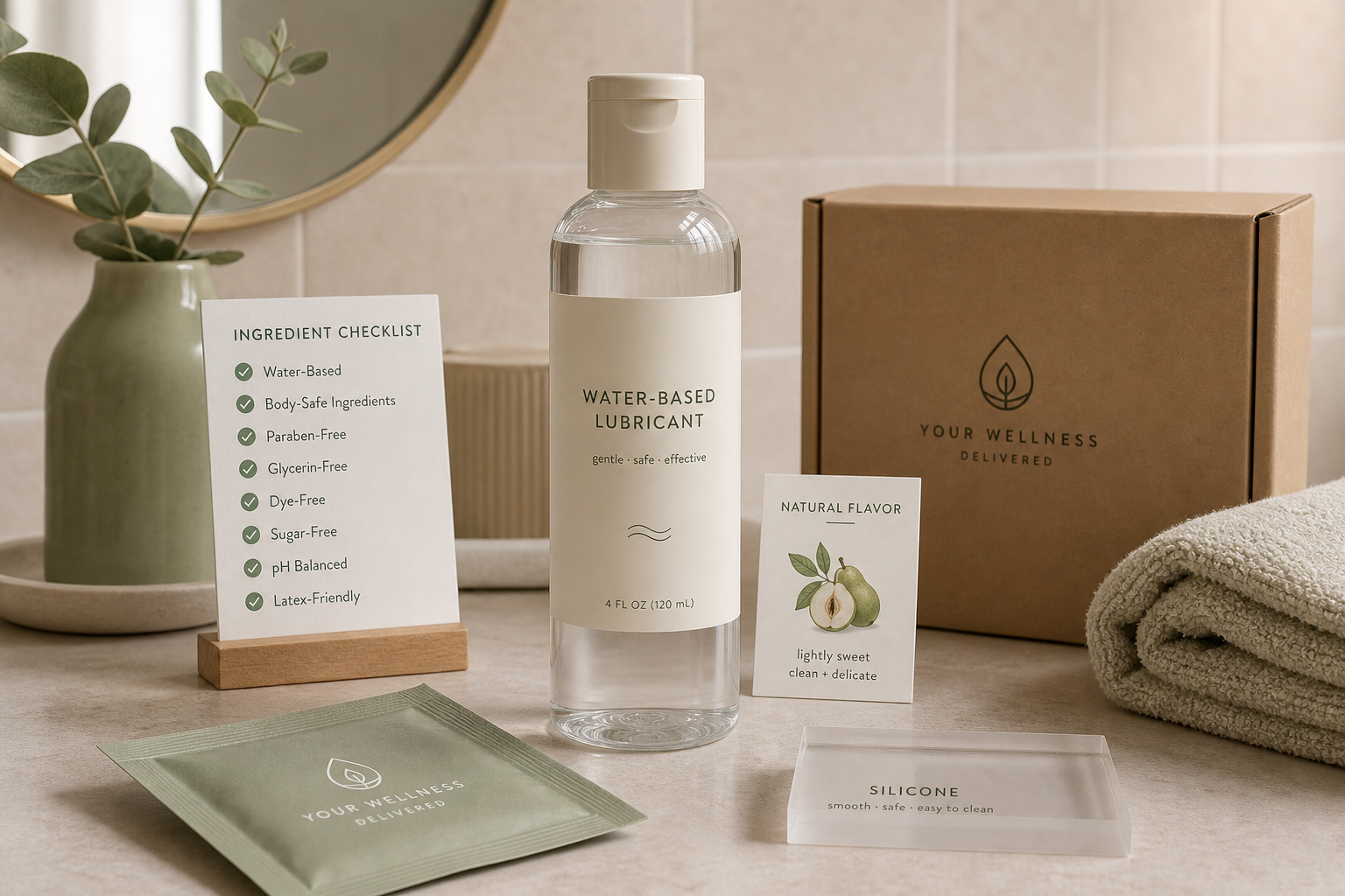 Edible Water-Based Lube: Label Guide Discreet flavored water-based lubricant label checklist with plain bottle, ingredient card, taste note, water-based compatibility swatch, clean towel, and sealed pouch