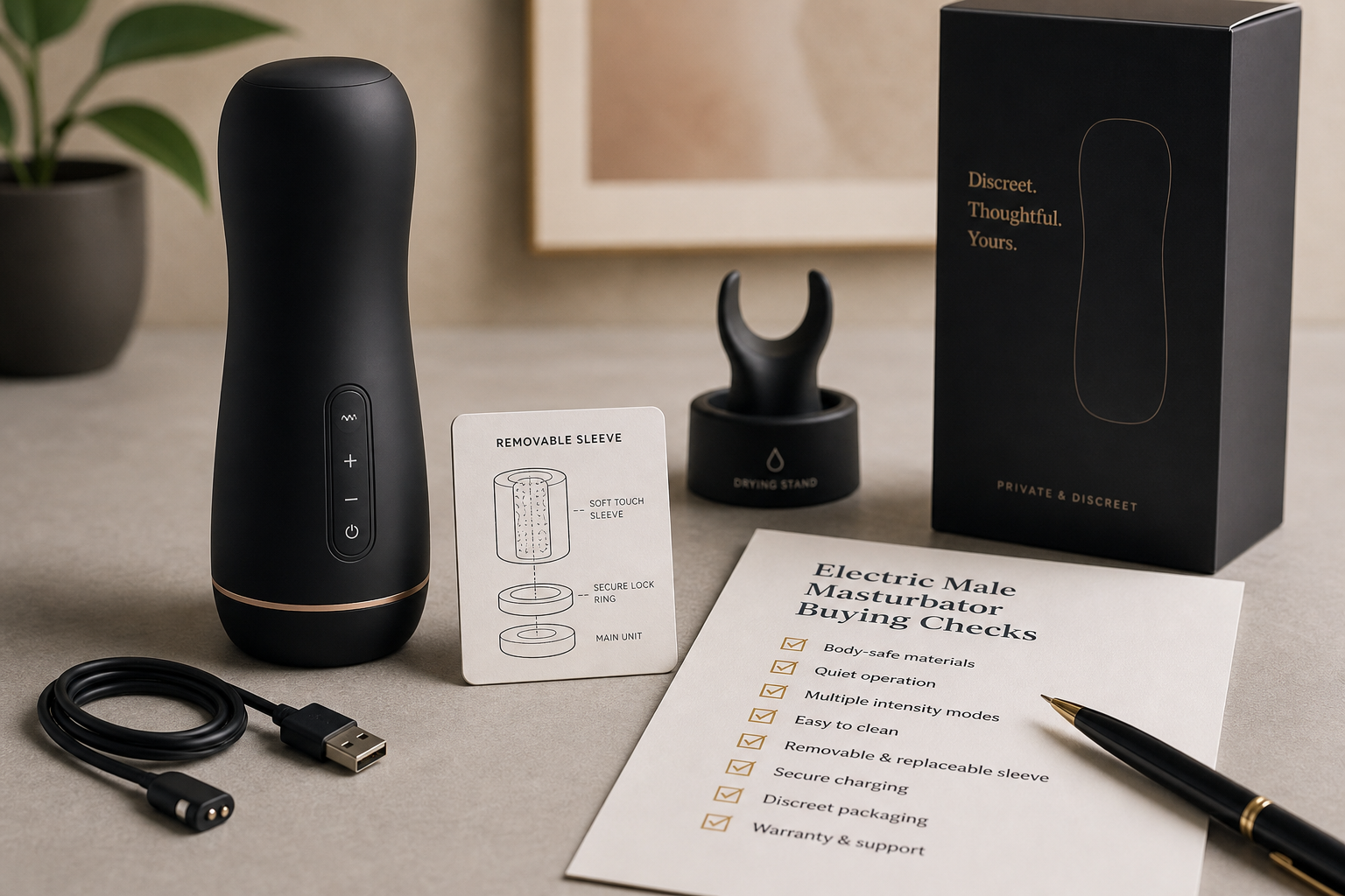 Electric Male Masturbator Buying Checklist Electric male masturbator buying checklist with a discreet device silhouette, charging cable, removable sleeve diagram card, drying stand icon, and privacy box on a neutral desk