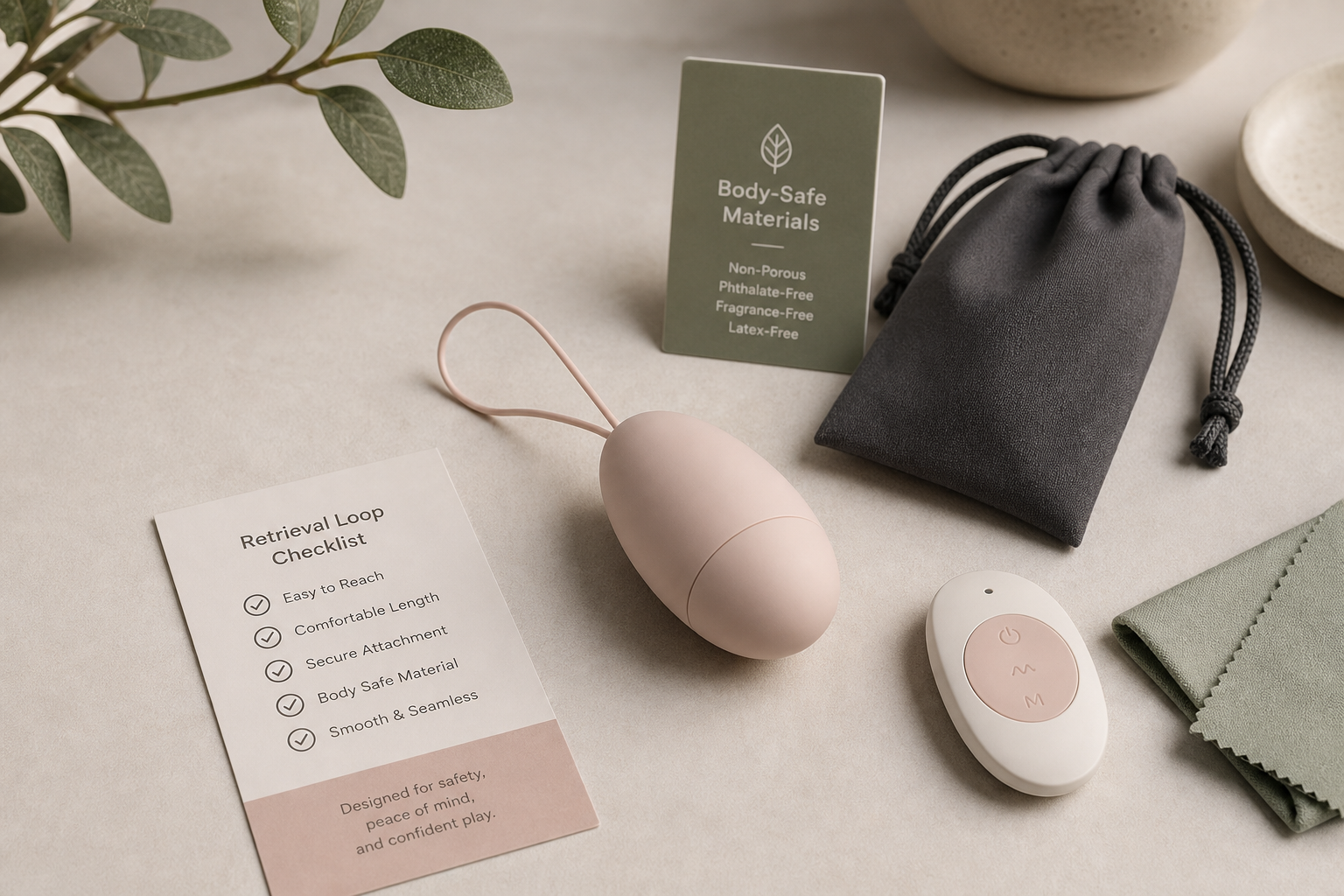 Discreet insertable egg toy buyer checklist with abstract smooth egg-shaped wellness device, retrieval loop diagram, material card, remote, cleaning cloth, and storage pouch