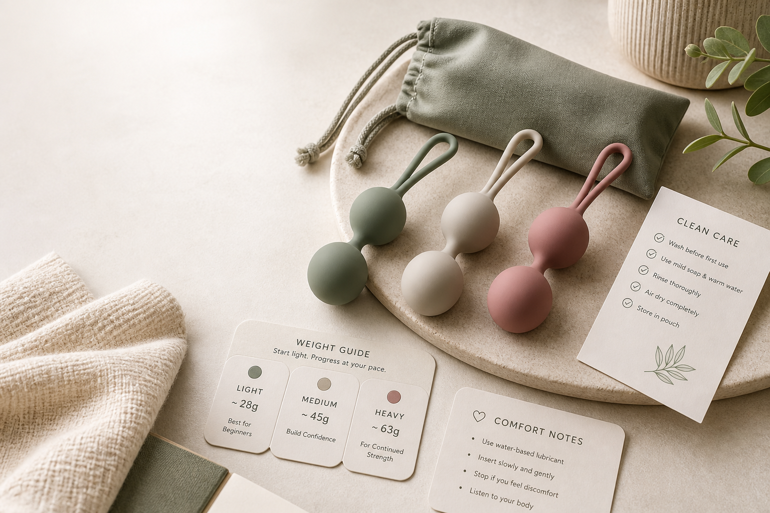 Discreet beginner Kegel balls weight guide with abstract silicone weights, care pouch, cleaning checklist, comfort notes, and size comparison card on a neutral tabletop
