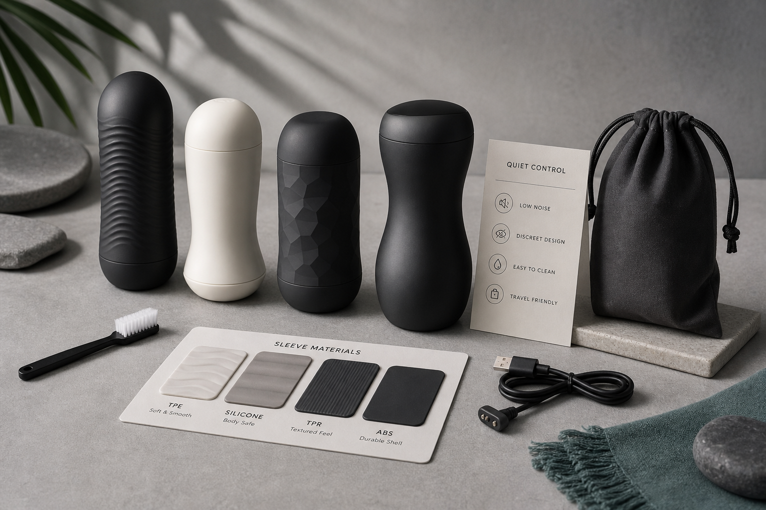 Male Masturbator Devices: Type Guide Discreet male masturbator device comparison checklist with abstract device silhouettes, control icons, cleaning brush, material cards, charging cable, and storage pouch