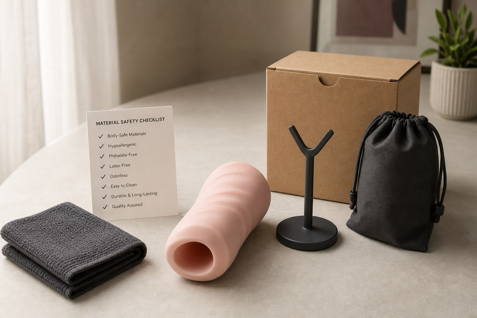 Discreet material checklist for a pink sleeve male masturbator with neutral storage pouch, texture sample card, cleaning towel, drying stand, and plain shipping box