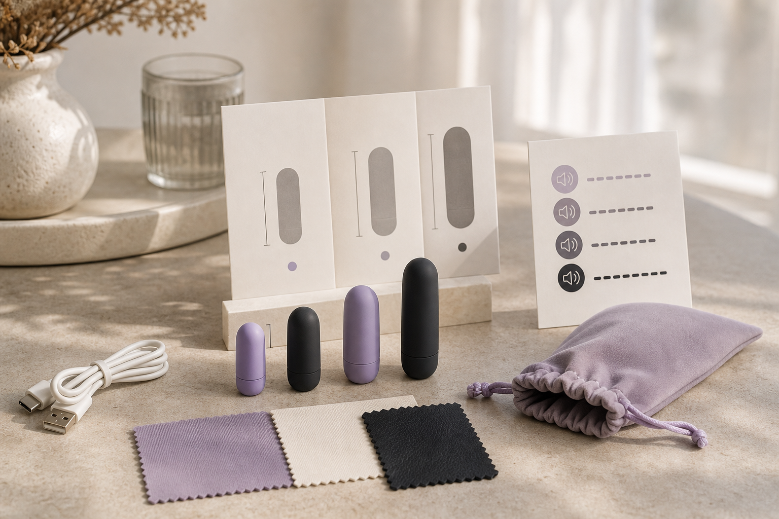 Mini Bullet Vibrator: Size & Noise Guide Discreet mini bullet vibrator comparison checklist with compact size cards, sound-level reminder, charging cable, material swatches, and storage pouch