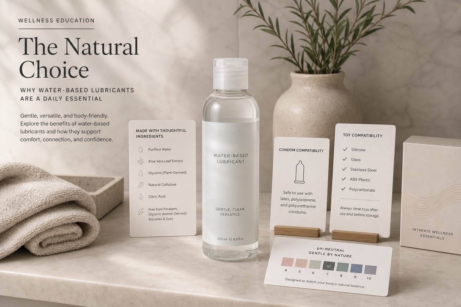 Natural Water-Based Lube Guide Natural water-based lube guide with clear ingredient label card, condom compatibility note, silicone toy compatibility checklist, pH-neutral color palette, and discreet packaging on a clean bathroom shelf
