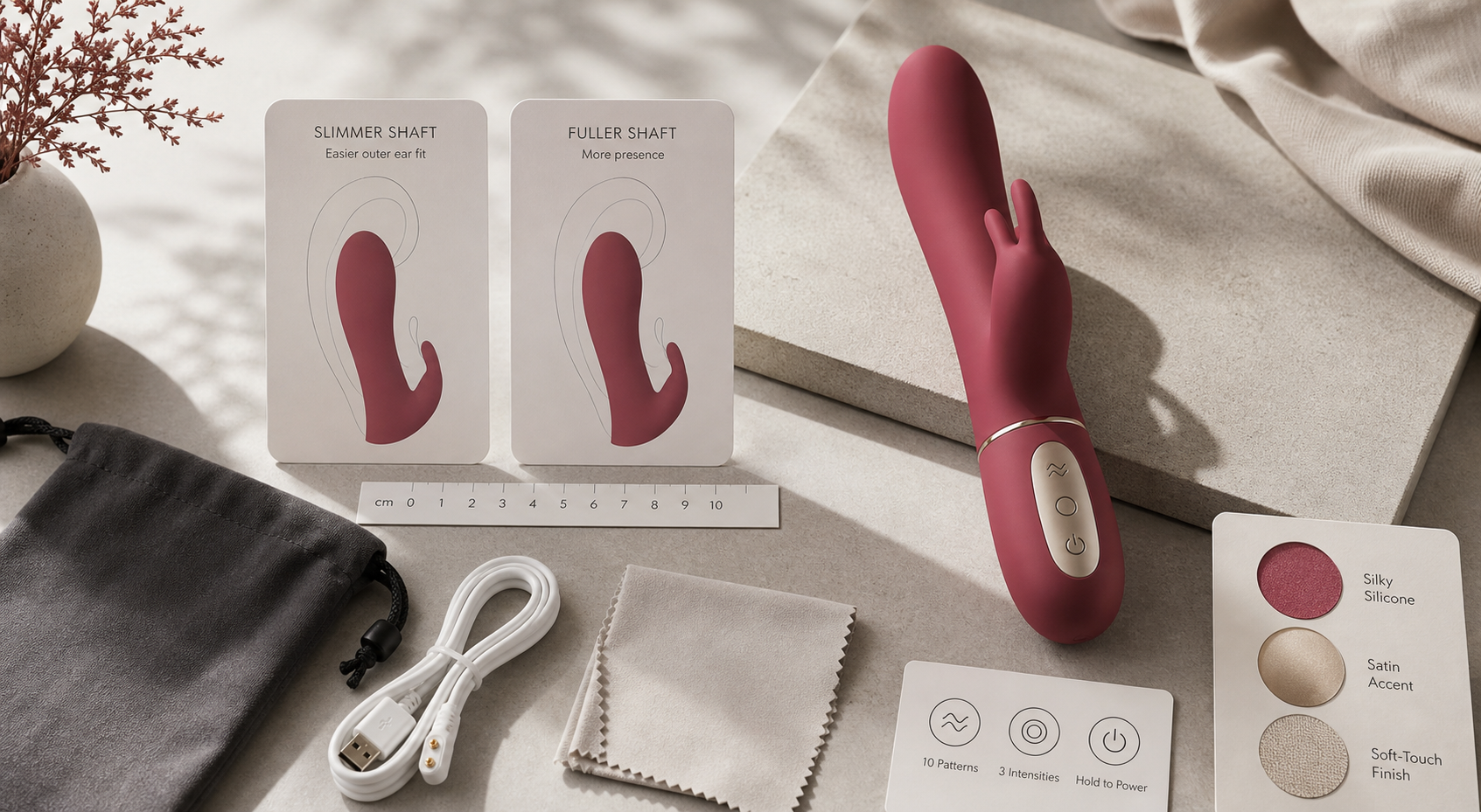 Rabbit Vibrator Ears: Fit & Control Guide Discreet rabbit vibrator fit checklist with abstract dual-shape comparison cards, control icons, measuring strip, charging cable, and cleaning cloth