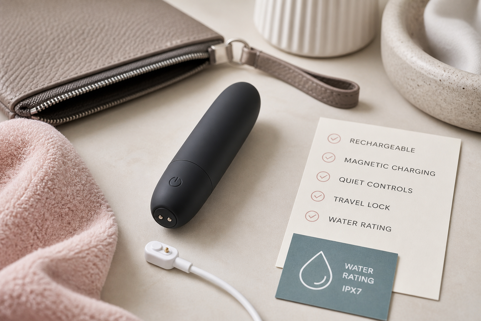 Rechargeable bullet vibrator checklist with abstract compact device silhouette, magnetic charging cable, travel lock card, storage pouch, and water rating note on a neutral tabletop