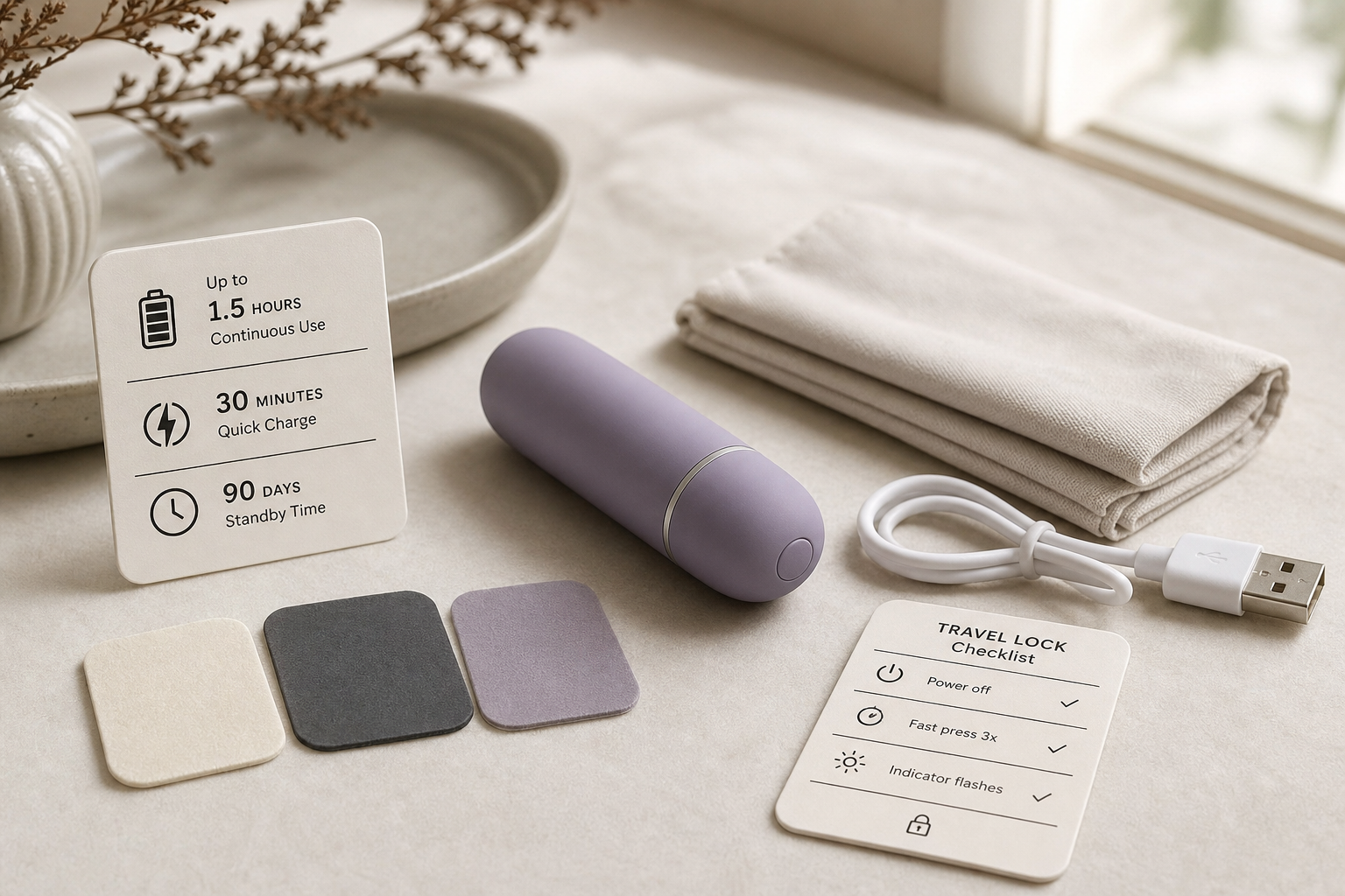 Rechargeable Bullet Vibrator Guide Discreet rechargeable bullet vibrator checklist with abstract compact device silhouette, magnetic charger, battery icons, material swatches, cleaning cloth, and travel lock card