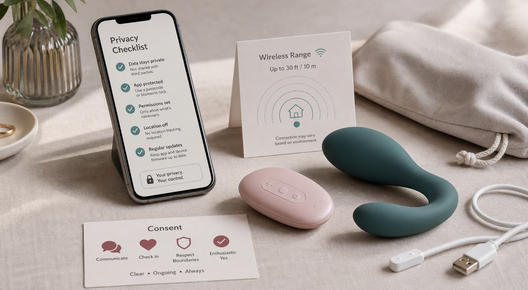 Discreet remote control adult toys guide with abstract wellness device silhouette, phone privacy checklist, signal range card, charging cable, and storage pouch on a neutral tabletop