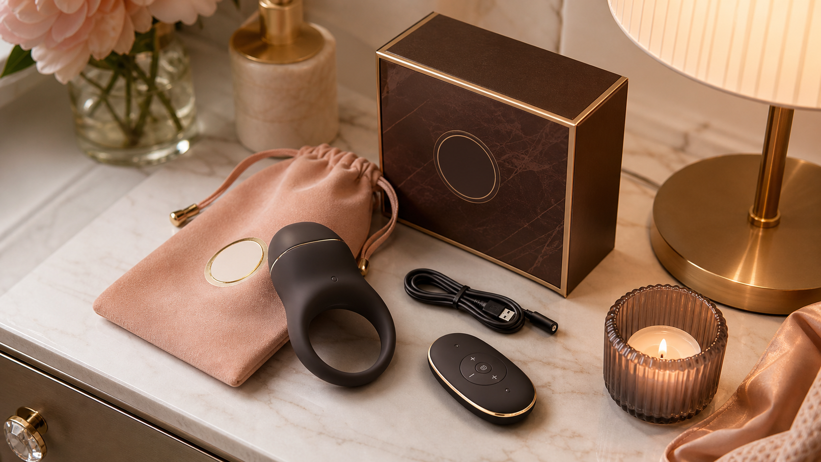 Remote Control Cock Ring: Buying Checklist Discreet remote control cock ring flat-lay with small remote, charging cable, size checklist card, storage pouch, and neutral packaging