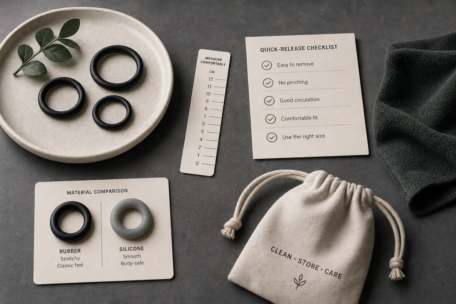 Discreet rubber cock ring fit checklist with stretch material cards, measuring strip, quick-release reminder card, cleaning cloth, and neutral storage pouch