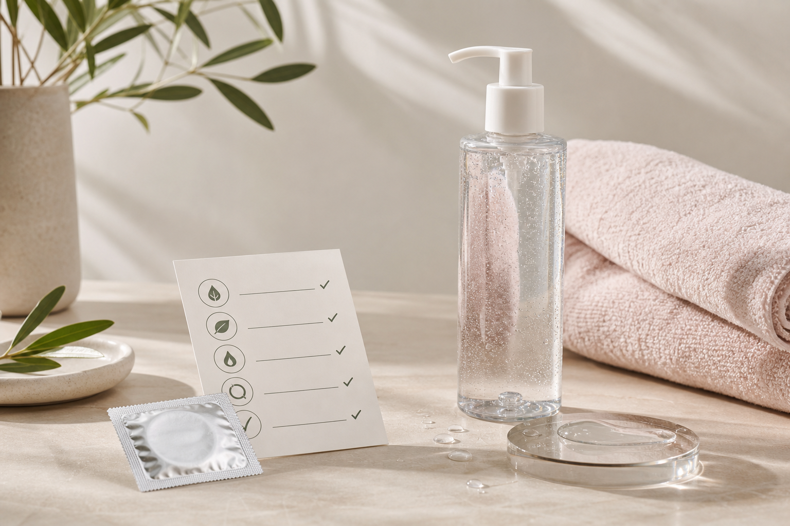 Sensitive skin lube shopping guide with water-based lubricant bottle, ingredient checklist, sealed condom packet, silicone compatibility card, and soft towel on a clean neutral surface