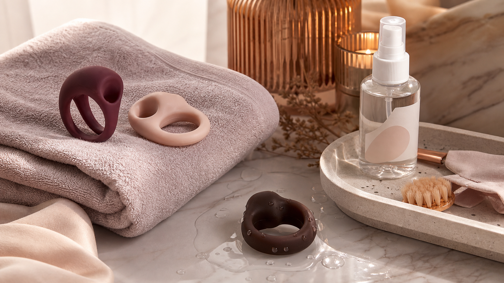 Silicone Cock Ring Guide: Fit and Care Checks Flexible silicone cock ring flat-lay with size card, water-based lubricant, cleaning towel, storage pouch, and discreet product box