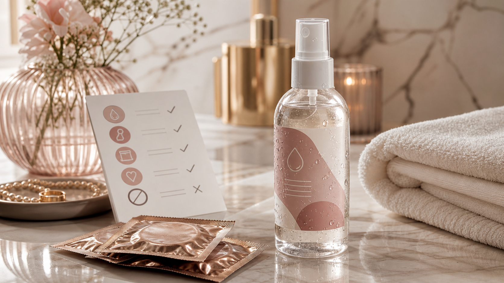 Silicone Lube Spray: Label and Compatibility Guide Elegant silicone lube spray bottle flat-lay with compatibility checklist, sealed condom packet, toy material swatches, towel, and neutral packaging