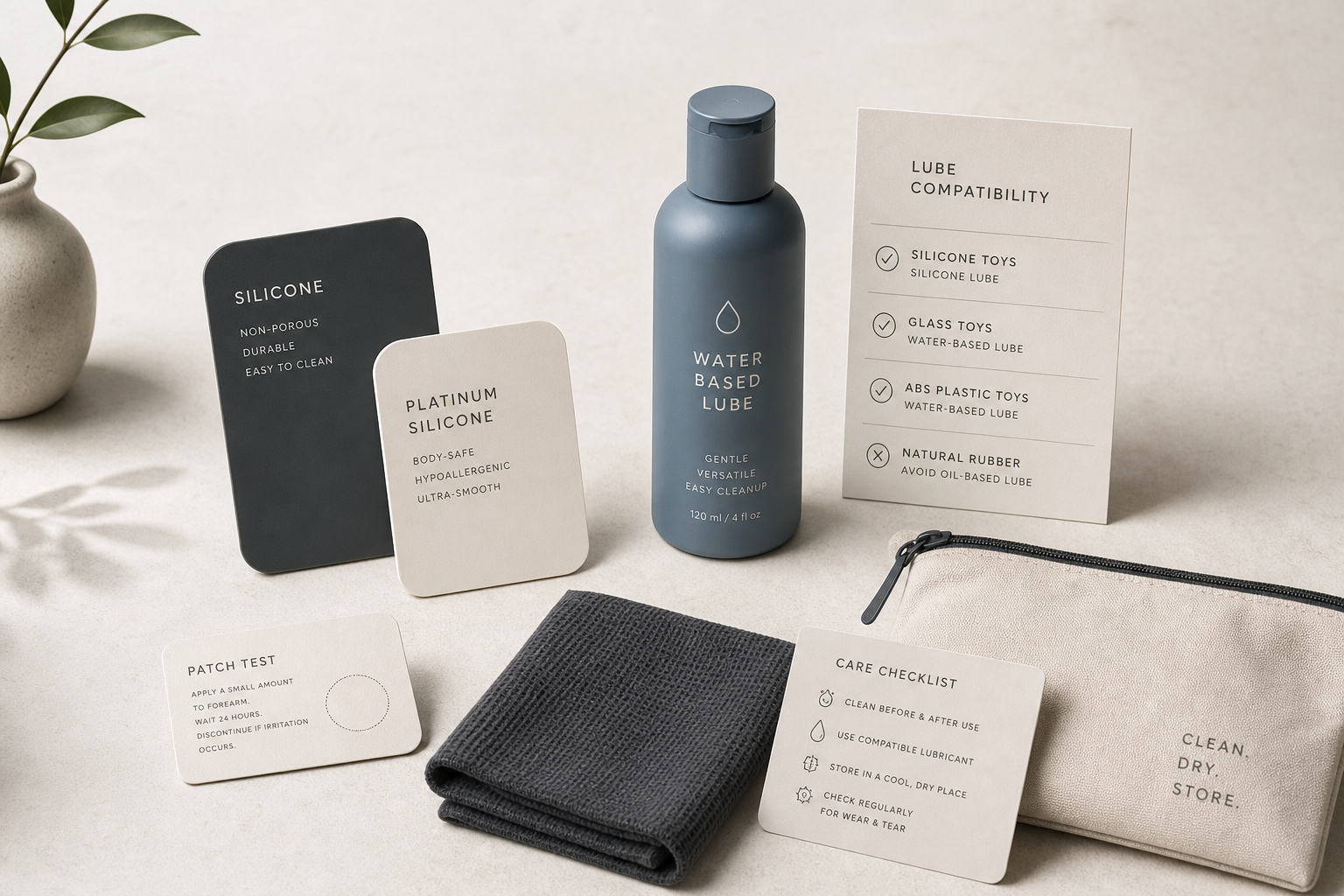 Discreet compatibility checklist for silicone lube and silicone toys with material sample cards, water-based fallback bottle, care cloth, and label checklist