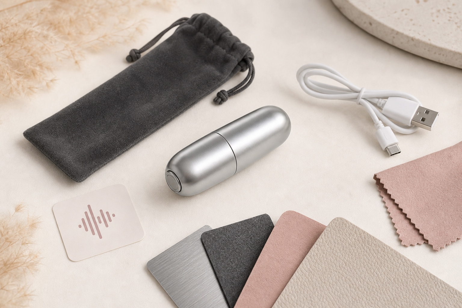 Silver Bullet Vibrator Shopping Guide Silver bullet vibrator shopping guide with compact metallic-look bullet device, charger cable, soft storage pouch, sound level card, and cleaning cloth on a discreet neutral surface