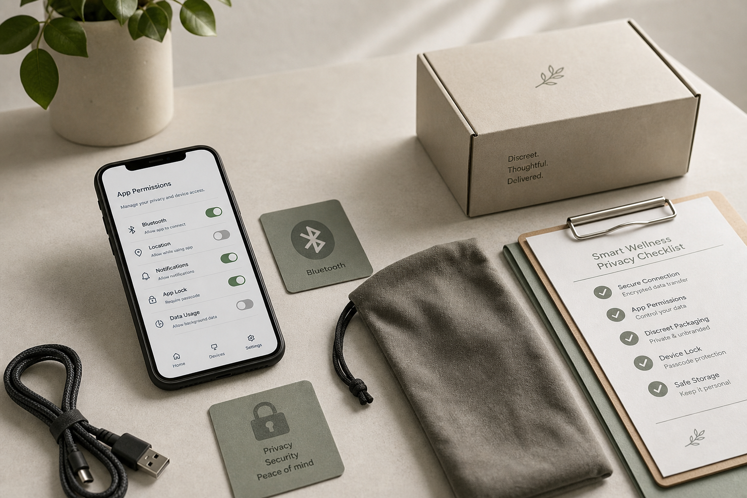 Smart Adult Toy Privacy: Safety Guide Discreet smart adult toy privacy checklist with phone permission screen, Bluetooth icon card, USB charging cable, lock symbol, plain storage pouch, and neutral shipping box