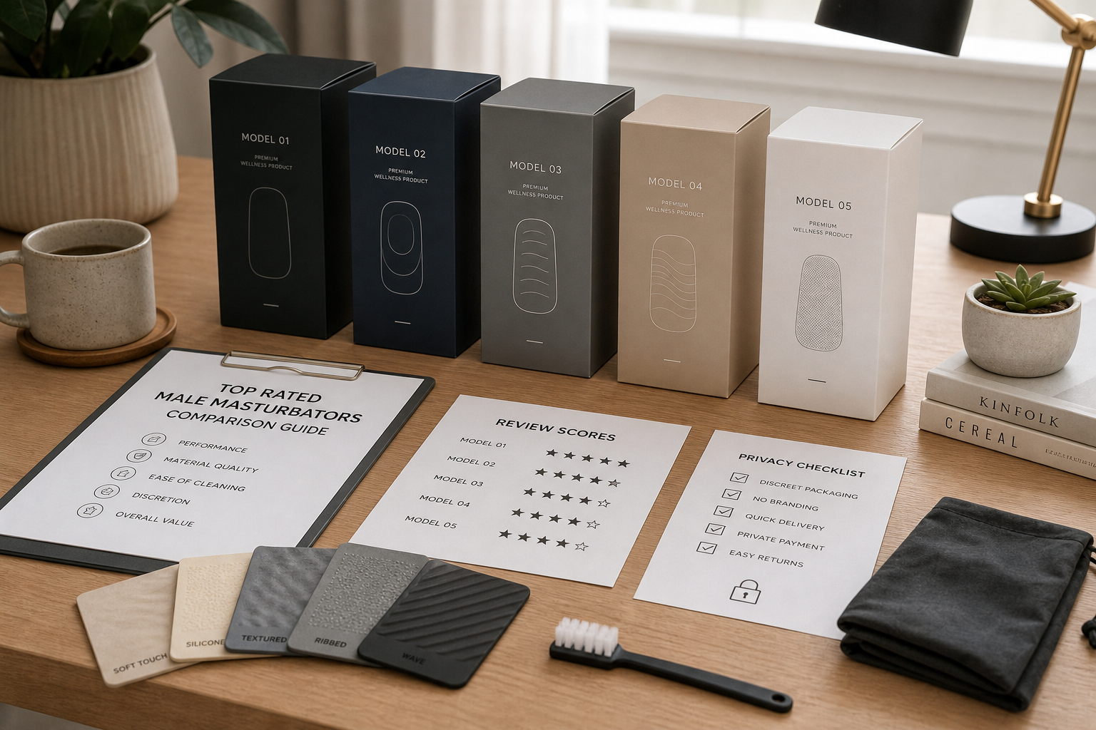 Top rated male masturbators checklist with discreet product boxes, material sample cards, cleaning brush, storage pouch, review score notes, and privacy checklist on a neutral desk