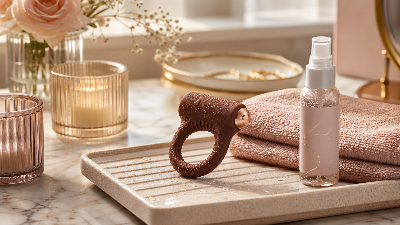 Vibrating Cock Ring: Fit and Care Guide Vibrating cock ring buyer checklist with flexible ring silhouette, small motor module, measuring card, charging cable, clean towel, storage pouch, and discreet box