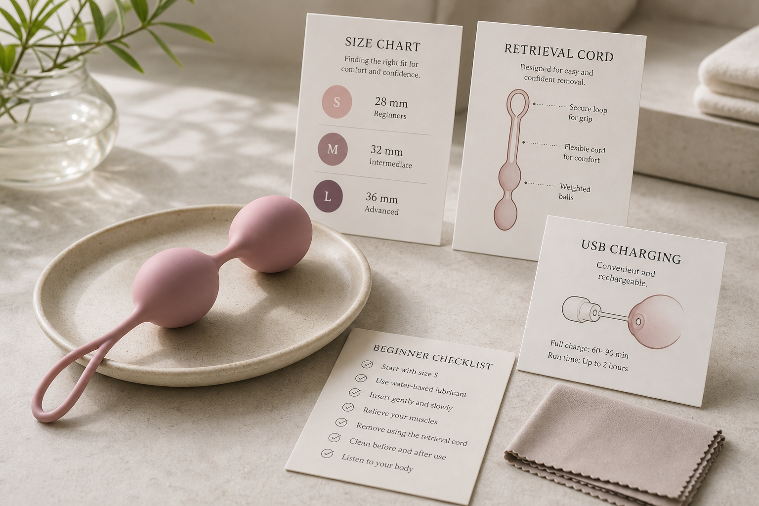 Vibrating Kegel Balls Safety Guide Vibrating kegel balls safety guide with silicone kegel set, size chart, retrieval cord diagram, USB charging card, cleaning cloth, and beginner checklist on a calm neutral desk