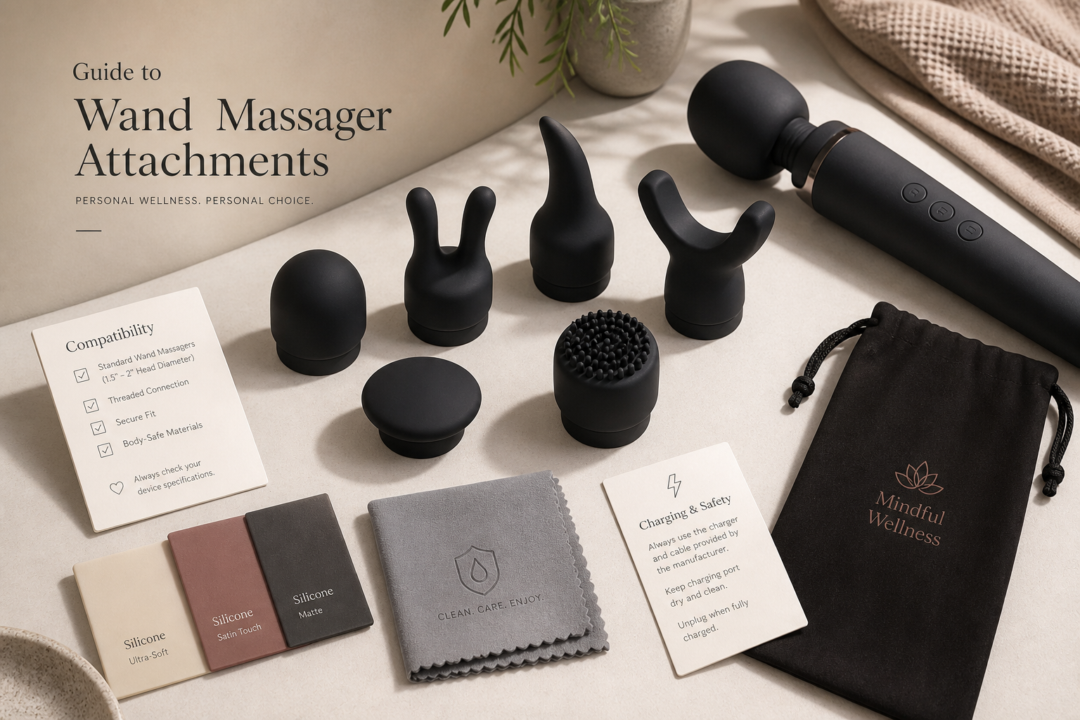 Wand Massager Attachments Guide Wand massager attachments guide with abstract attachment shapes, compatibility card, wand handle silhouette, silicone material swatches, cleaning cloth, and storage pouch on a neutral desk