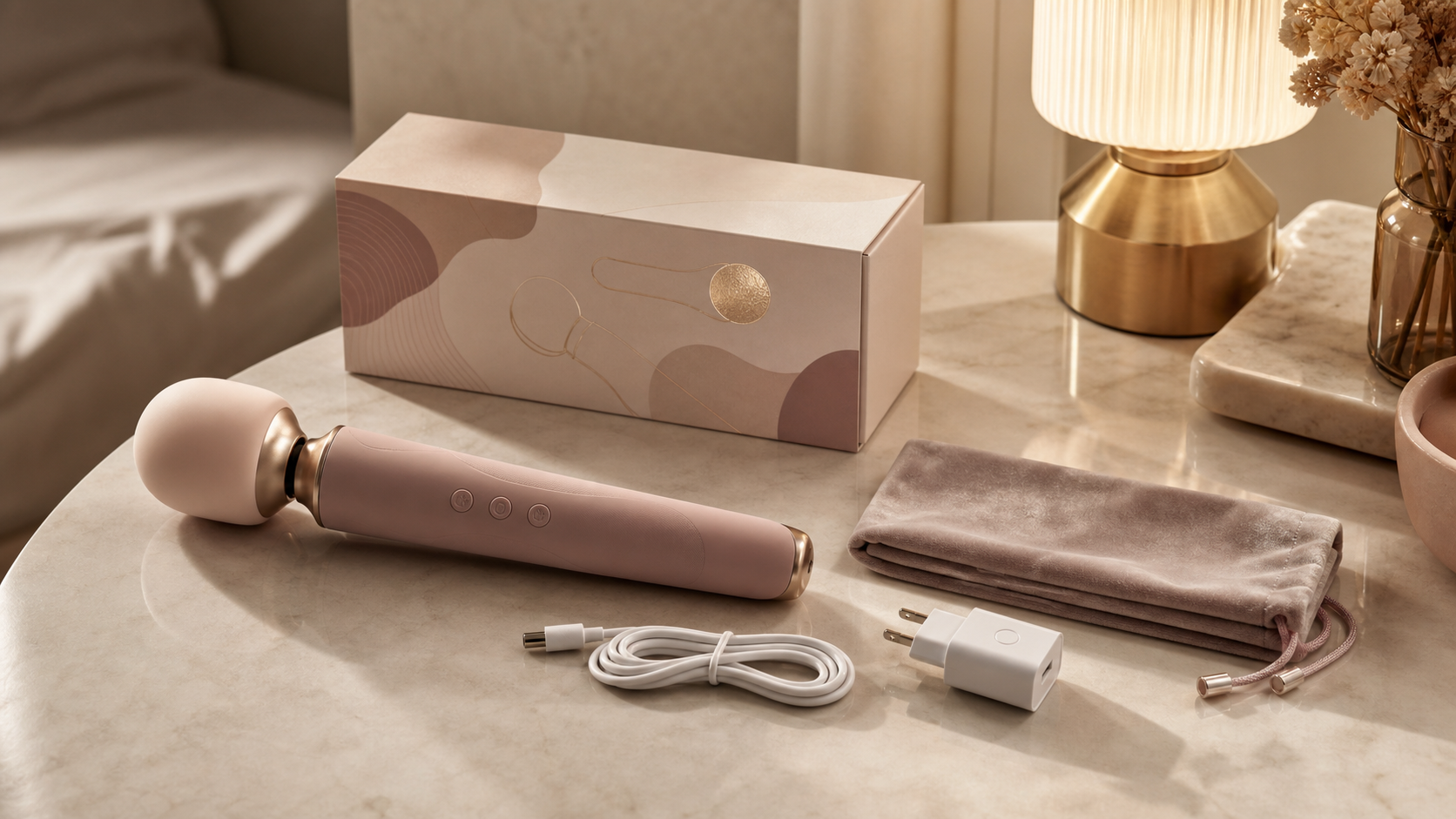 Discreet wand massager power adapter flat-lay with charging cable, plug label checklist, storage pouch, and neutral wellness packaging
