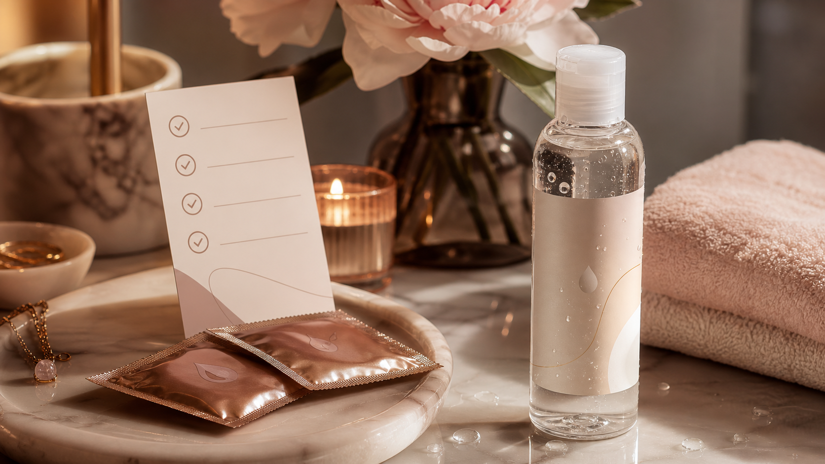 Warming water-based lubricant bottle with sensation label checklist and soft amber lighting