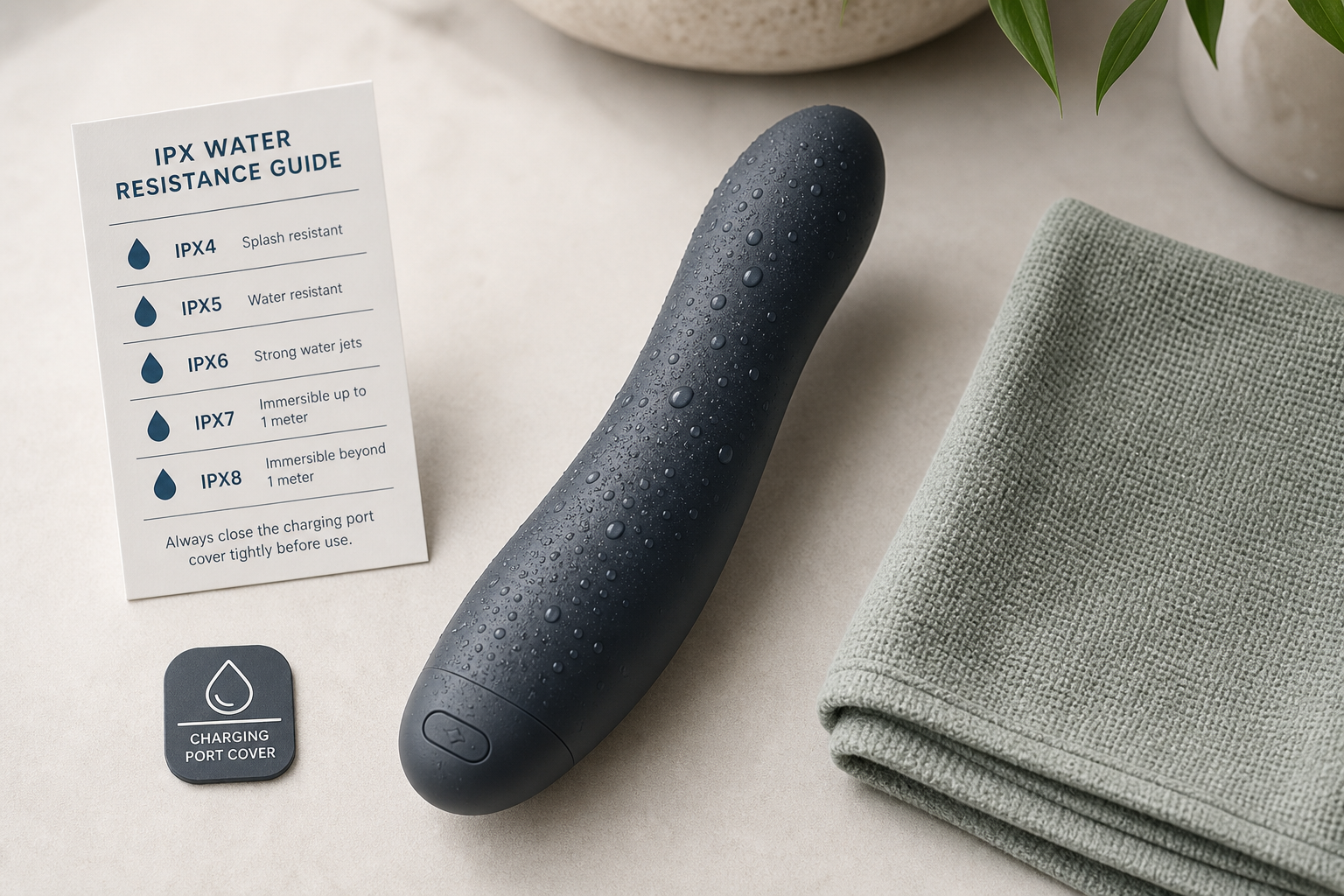 Discreet waterproof vibrator IP ratings guide with abstract sealed personal massager, water droplets, IPX checklist card, charging port cover icon, and care towel on a neutral tabletop