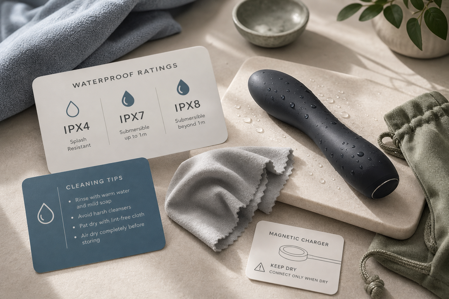 Waterproof Vibrator Ratings & Cleaning Discreet waterproof vibrator care checklist with abstract sealed device silhouette, IP rating cards, water droplet icons, drying cloth, charger warning card, and storage pouch