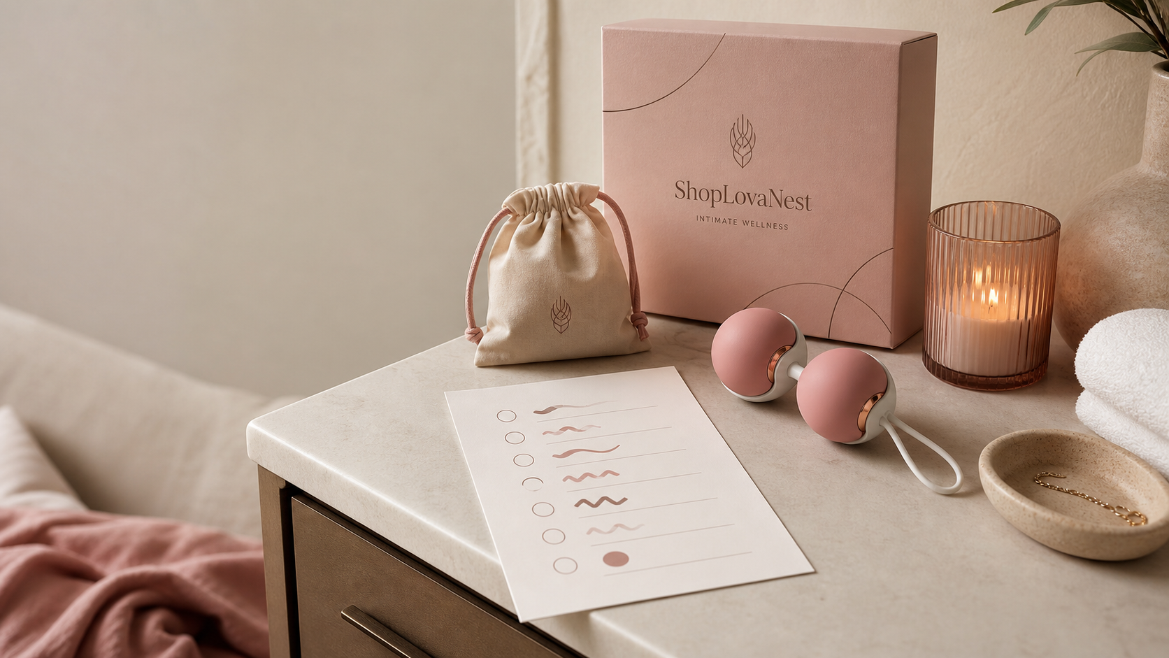 Weighted Kegel Balls: Safe Buyer Checklist Weighted kegel balls buyer checklist with silicone sample, size card, retrieval loop diagram, cleaning towel, and discreet storage pouch